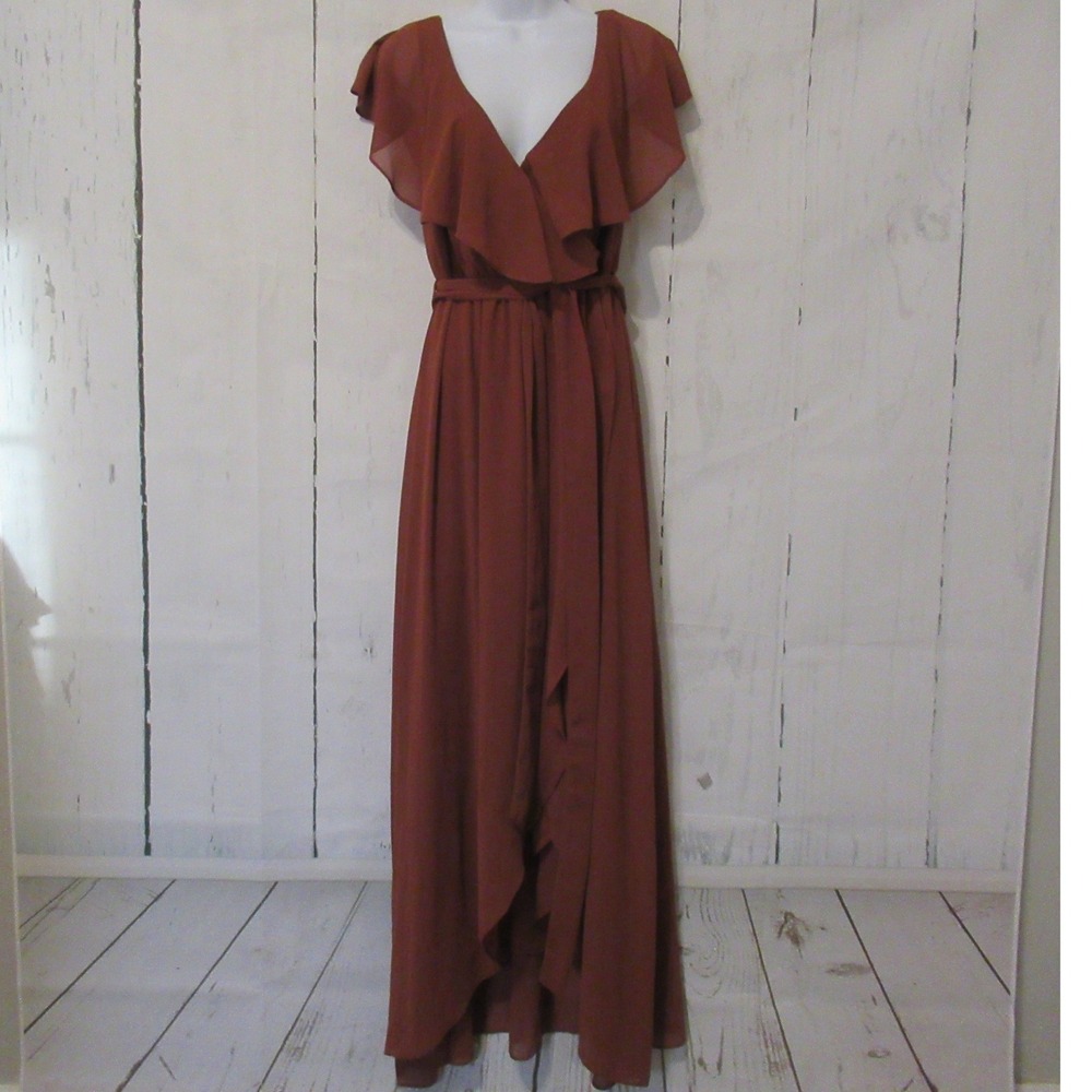 Baltic Born Dress M Brown Katya Chiffon Maxi Ruffle Cocktail Formal Wedding